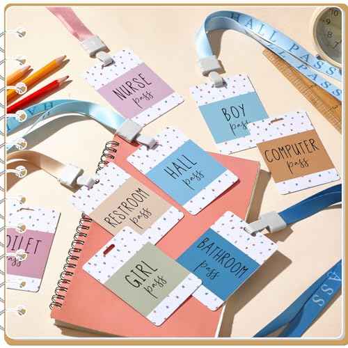 Set of 14 Hall Pass Lanyards Boho School Passes Set Unbreakable PVC for Office Classroom Nurse Bathroom Library Teachers Students Supplies