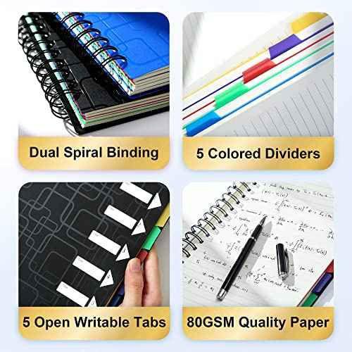 CAGIE 5 Subject Spiral Notebooks Set of 4, 240 Pages Notebook for Work with Dividers Tabs, A5 Small Notebook School Office Supplies, College Ruled (Black)