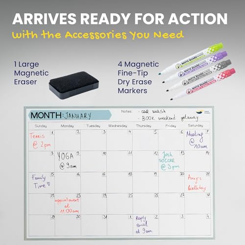 Quick Canary Magnetic Fridge Calendar - 17x12¡± Stain-Resistant Dry Erase Board - Starts Sunday, Strong Magnet, Organizes 2025 Family Events, Routines, Reminders - With 4 Markers & Eraser