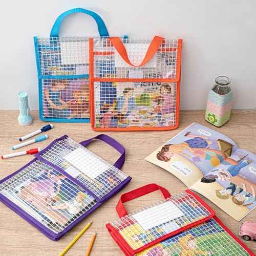 Teling 12 Pack Thick Mesh Clear Book Pouches for Classroom 10 x 12 x 1.57" Waterproof Library Pocket with 24 Blank Name Card Plastic Book Bag for Classroom School Student Office Organizer Supplies