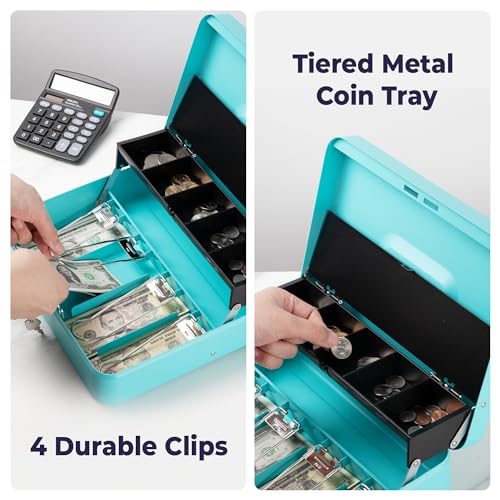 Volcora Cyan Large Cash Box with Key Lock, 12x9.5x3.5in, Money Tray, Heavy-Duty Portable Safe