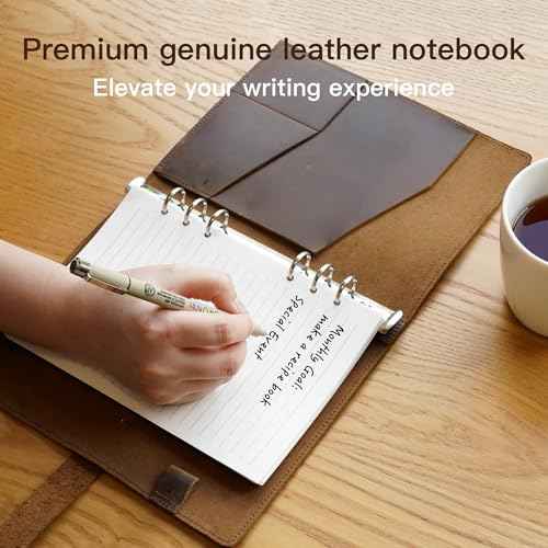 Refillable A5 Leather Binder Notebook 6-Ring, Reusable Genuine Leather Journal, Vintage Planner, 120 Pages Lined Paper & Pocket, for Writers Business Work Study College and Daily, 6.9¡±x 9¡±