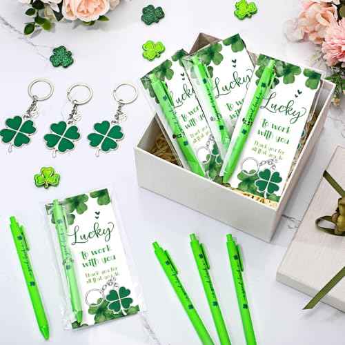 48 Sets St Patrick's Day Gifts for Employee Good Luck Ballpoint Pens Shamrock Ballpoint Pens Four Leaf Clover Keychains with Thank You Cards for Team Staff Teacher Coworker