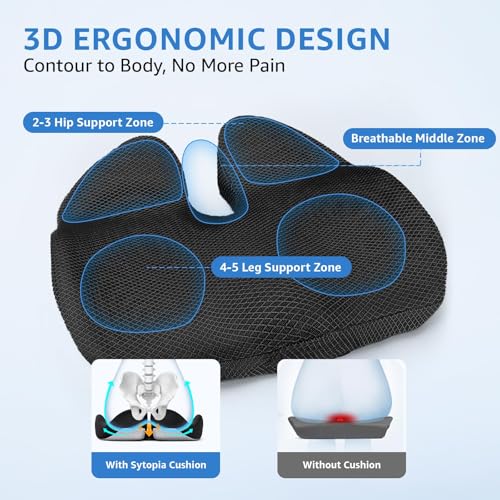 Sytopia Office Chair Cushion, Ergonomic Memory Foam Seat Cushions for Chair, Pain Relief for Tailbone, Back, Sciatica & Hip, Booster Pad for Sitting & Driving, Removable Washable Cover,19" x 17",Black