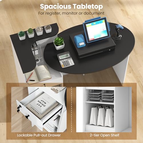 GOFLAME Black + White Reception Desk with Lockable Drawer, Adjustable Shelf, Oval Top