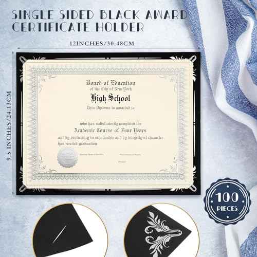 Fainne 100 Sets Certificate Paper Kit Single Sided Awards Holder with Foil Border for 8.5 X11 Certificate Covers Foil Award Seals Stickers Diploma Covers(Black with Silver Foil)