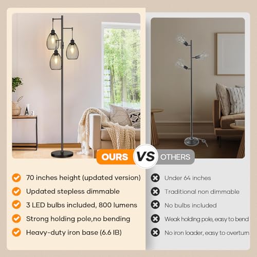 Nintiue Matte Black Dimmable Farmhouse Floor Lamp with 3 LED Bulbs, Tall Standing Tree Lamp for Living Room & Bedroom
