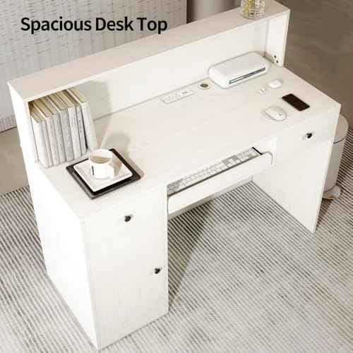 Reception Desk with Counter, Modern Front Table Equipped with Drawers & Keyboard Tray, 47.2-inch Checkout Counter with LED Lights & Power Outlets for Lobbies, Salons, Retail, Home Offices