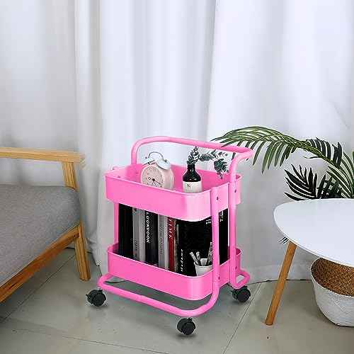 Melody House 2-Tier Metal Mesh Rolling Cart Storage Organizer with Utility Handle and Wheels, Multi-Functional Storage Trolley for Office Living Room Kitchen, Pink