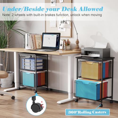 Letter/Legal Rolling File Cart with 2 Storage Drawers, Under Desk Storage, Vertical Filing Cabinet for Home Office, Hanging File Folders Organizer, Mobile Utility Cart Printer Stand, Black