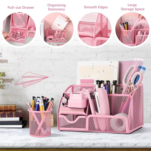 11 Pcs Pink Office Supplies Set Mesh Desk Organizer Accessories Kit Include Stapler Tape Dispenser Staple Remover Clips Ruler Scissors Sticky Notes for Office School Home Women (Pink)