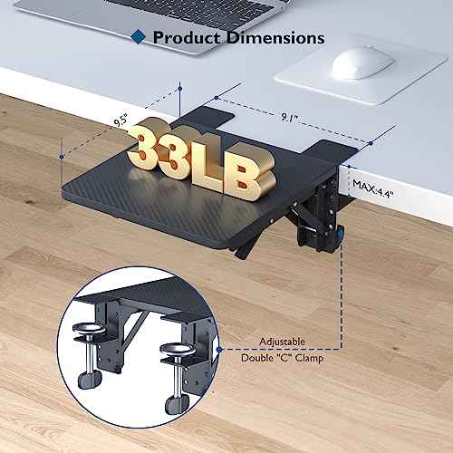 BONTEC Ergonomic Desk Extender Tray, 9.5"x9.1" Table Mount Arm Wrist Rest Shelf, 90¡Æ Foldable Elbow Support, Clamp on Computer Arm Rest for Desk, Office & Home Use, Durable & Easy to Install