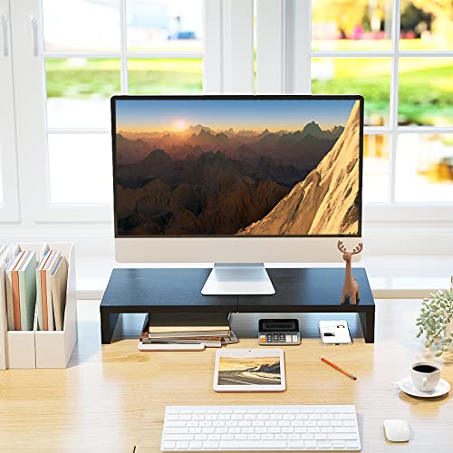 TEAMIX Black 20 Inch Wooden Monitor Stand Riser for Desk, Ergonomic Computer Organizer