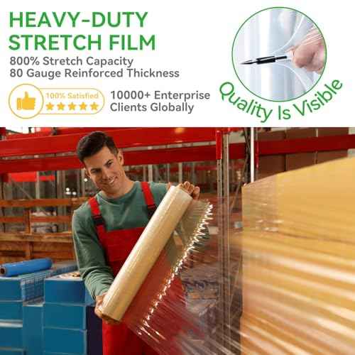 18" x 1500' Plastic Stretch/Shrink Wrap Roll - 80 Gauge Industrial Shrink Wrap for Moving, Heavy Duty 800% Stretch for Pallets, Packing, Shipping&Furniture Protection? with Handles-2 Rolls