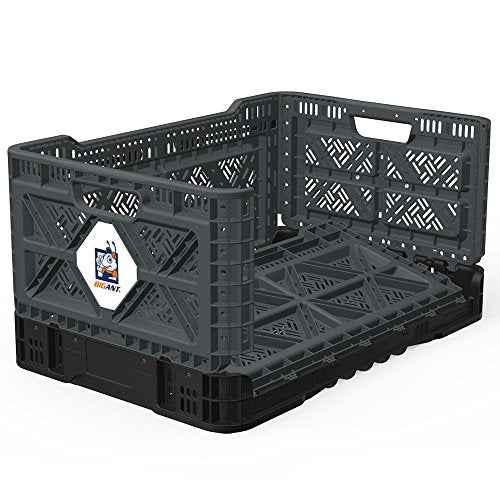 Bigant Heavy Duty Collapsible & Stackable Plastic Milk Crate - Snap Lock Foldable Industrial Garage Storage Bin Container Utility Tote Basket (Charcoal Gray, 1 Medium Crate)