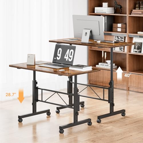 VECELO Small Rolling Standing Desk Adjustable Height, Mobile Stand Up Desk with Wheels, Portable Laptop Desk for Office Workstations, Treadmill Walking Pad, Brown