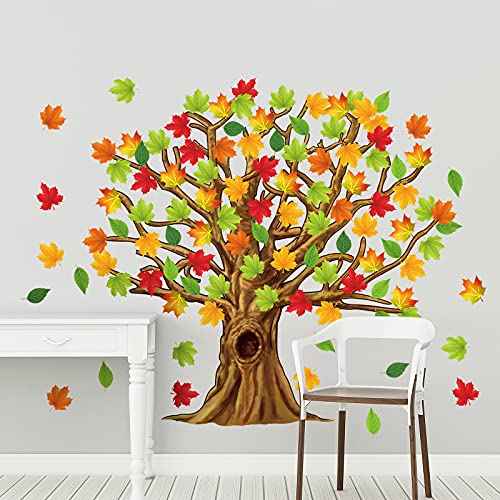 Gersoniel 90 Pieces Classroom Tree Bulletin Board Decorations Conversation Fall Leaves Cutouts Autumn Stickers for Classroom Home Wall Decor(Natural Style)