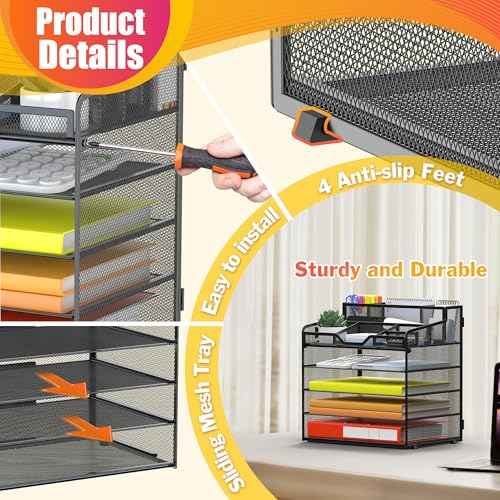 Docnest 5 Tier Mesh Desk Organizer for Paper Office Supplies ? Multi-Functional Letter Tray with 5 Adjustable Compartments, 3 Pen Holders, Desktop Storage for Files, Mail, Stationery ? Black