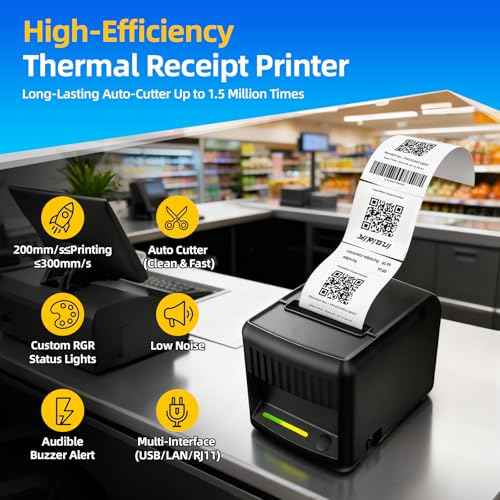 POS Receipt Printer, 80mm Thermal Printer with Auto Cutter, Large-Capacity Paper Bin, Wall-Mountable, High-Speed Printing, Compatible with Square, Shopify, Cash Drawer, Fits Catering/Retail/Logistics