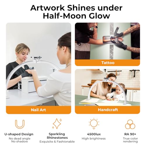 Janolia Half Moon Light for Nail Desk, 29In Nail Tech Lamp Table Light, 7 Color Modes, 10 Brightness for Tattoo/Eyelashes/Spa/Salon/Makeup, with Phone Holder