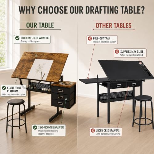 Adjustable Drawing Table with 3 Fabric Drawers & Stool - Black
