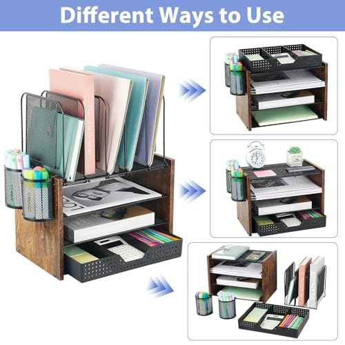 AUPSEN Desk Organizer Shelf, 4-Tier Mesh Wood Desktop Bookshelf File Organizer with 5 Vertical File Holders, Storage Drawer & 2 Pen Holders, Office Supplies Storage for Workspace Organizers