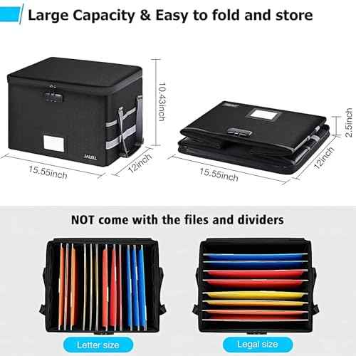 File Box with Lock - Fireproof Document Box File Organizer with Zipper & Adjustable Handle, Collapsible File Storage Box for Home Office, Filing Cabinet for Hanging Letter/Legal Folder