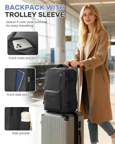 WONHOX Large Travel Backpack A56-Black Waterproof Laptop Daypack for Airplane