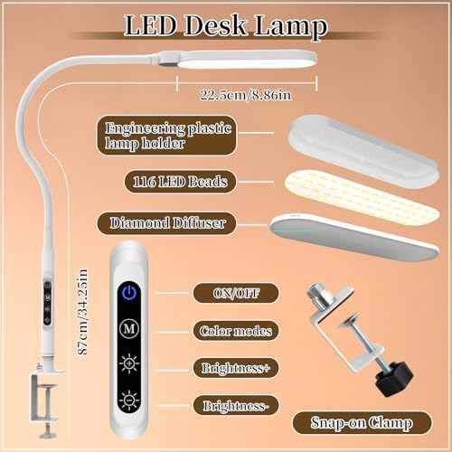BQAN LED Desk Lamp with Clamp, 15W Eye-Caring Clip on Light, Adjustable Gooseneck Desk Lamps for Home Office with 5 Modes & 9 Brightness Levels for Reading, Studying, Nail Art, and Work (White)