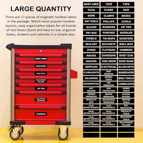Magnetic Tool Box Organization Labels,Tool Chest Organizer Labels with Strong Magnets,Easy to Read Printing - Fits All Brands of Steel Tool Box Drawers (72 Pcs, 4 x 1 Inches)