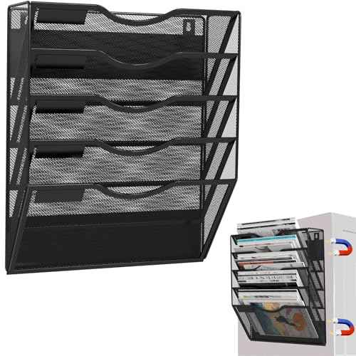 5-Tier Magnetic File Holder, No Drilling Installation File Cabinet Organizer, Black Magnetic File Organizer, Magazine Rack, Magnetic Paper Holder for Refrigerator, File Cabinets, Whiteboard