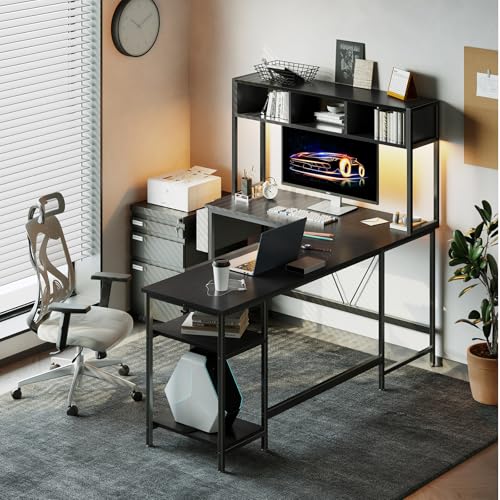 DUMOS 67" L-Shaped Gaming Desk with Reversible Layout and LED Lighting