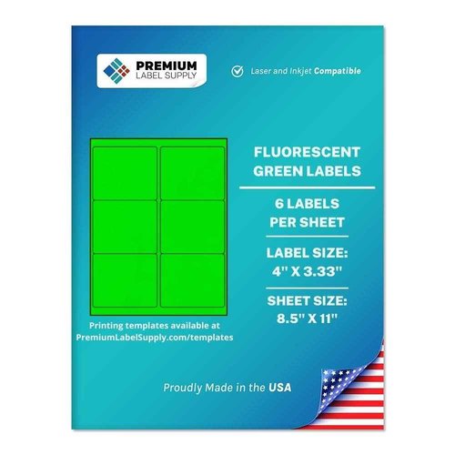 Premium Label Supply Bright Neon Color Fluorescent Stickers - 4" x 3.33" Labels - (Fluorescent Green, 600 Labels)
