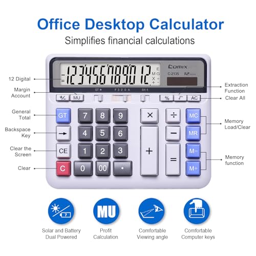 Comix Desktop Calculator Solar Battery Dual Power with 12-Digit Large LCD Display and Large Computer Keys Standard Function Calculator for Home Office School, White(2 Pack)