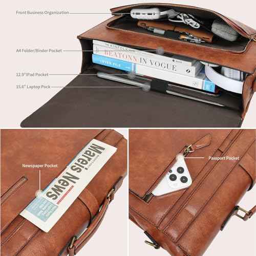 ESTARER Men's Leather Briefcase 15.6 Inch Laptop Messenger Bag for Business/Travel/Office, Professional Faux Leather Computer Satchel Shoulder Bag, Classic Brown