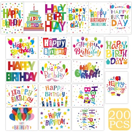 200 Set Unique Happy Birthday Card Bulk with Envelope and Sticker Blank Greeting Card Large 5 x 7 Inch Suitable for Office Kids Women Men, 20 Styles(Colorful Words)