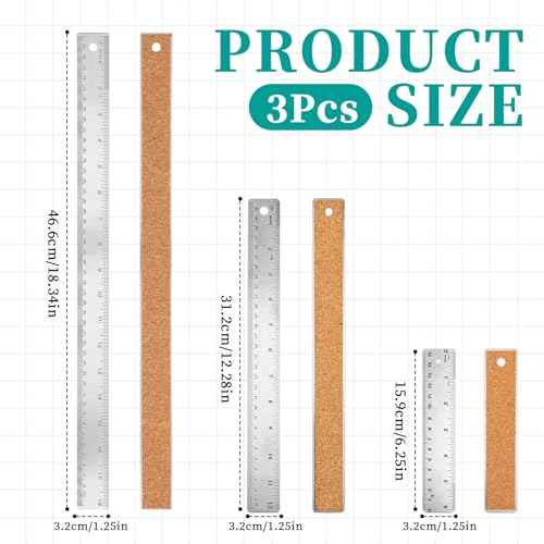 Metal Ruler with Cork Backing 6+12+18 Inch Stainless Steel Metal Ruler Non-Slip Rulers with Inch and Centimeters Straight Edge Cork Base Rulers for Drafting Office Tools, Prevent Ink Leakage
