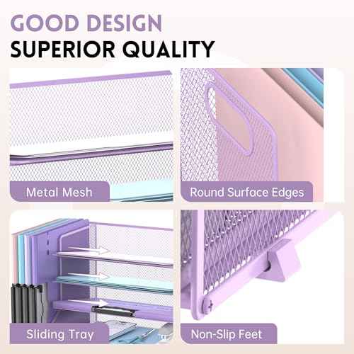 DALTACK Mesh Desk Organizer, 5-Tier Paper Letter Tray with File Holder & Pen Holder & Sliding Drawer, Desktop Organizer and Storage for Desk Accessories Office Supplies, Purple