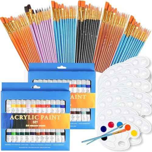120 Pcs Acrylic Paint Set with 60 Pcs Paint Brushes 48 Pcs Acrylic Paint 12 Pcs Palettes for Watercolor, Oil, Gouache, Painting.