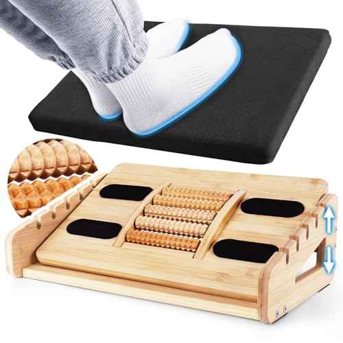 Woodever Foot Rest for Under Desk at Work, Bamboo Dual Side Footrest with Reflexology Massager Roller, 5 Heights Adjustable Foot Stool, Ergonomic Leg Support to Relieve Lumbar, Back, and Knee Pain