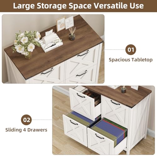 Halitaa Farmhouse Lateral File Cabinet with 4 Drawers – Rustic White and Brown