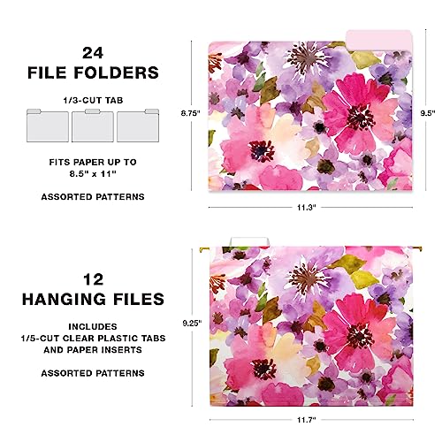 Global Printed Products Deluxe Designer Hanging File Folder Kit, Includes Metal Hanging Basket, 12 Hanging Folders, 24 File Folders, 1/3 Cut Tab, Assorted Positions, Letter Size (Floral)