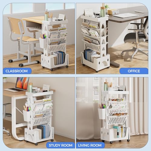 5-Tier Rolling Book Cart with Lockable Casters – Multi-Functional Mobile Bookcase (White)