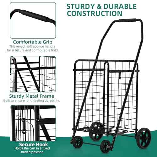 YITAHOME Folding Shopping Cart with Wheels, Portable Collapsible Grocery Cart for Seniors, Rolling Utility Cart for Laundry, Storage & Organizer (Foldable, Easy Carry)