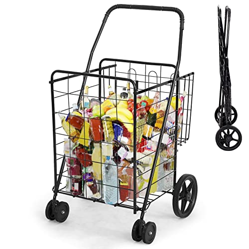AUGESTER Grocery Utility Shopping Cart, Folding & Portable Shopping Cart with Double Basket and Swivel Wheels, Easily Collapsible & Heavy Duty Trolley for Grocery Laundry Book Luggage Travel (Black)