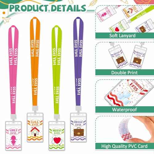 Ctosree 8 Sets Unbreakable Hall Pass Lanyards and School Passes Set with Clear Protection Case Cute Classroom Supplies for Classroom Elementary Middle School Restroom Library Office