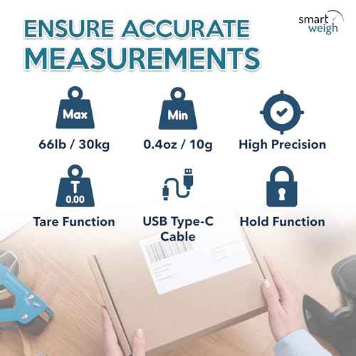 Smart Weigh Digital Shipping Scale 66LB x 0.1oz Hold and Tare Function Accurate Postal Scale for Packages Includes Batteries and USB-C Reliable for Mail and Shipping