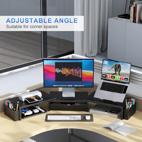 Gianotter Black Dual Monitor Stand Riser with Drawer & Pen Holders - Ergonomic Desk Organizer