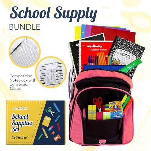 4E's Novelty 52 Pieces Schools Supplies Kit for K1-8 Back to School Supply Box with Essential Student Kits, School Supply Bundle Middle Elementary Schools Supplies Kit Grades 1 2 3 4 5 6 7 8