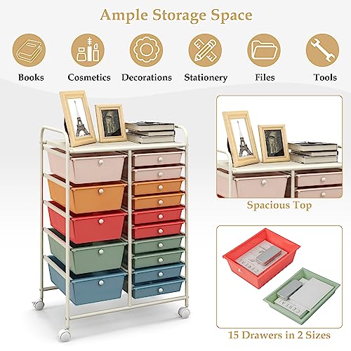 HAPPYGRILL Macaroon Colorful 15-Drawer Rolling Cart with Removable Drawers, Steel Frame, Lockable Wheels